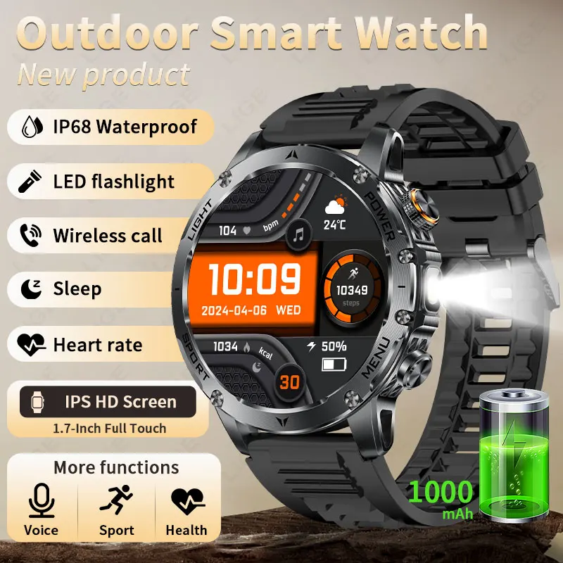 

LIGE Smart Watch Heart Rate Sports Tracker Military 1000mAh Battery Bluetooth Call IP68 Waterproof Flashlight Men's Smartwatch