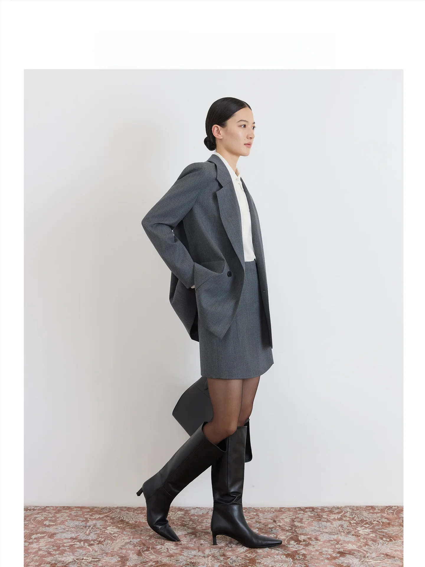 CEJIA Anzugrock-Set aus Merinowolle für Damen, tiefe Augen, Pendeln, SLE, Standpassform, vier Knöpfe, Manschette, echter Schlitz, lang, Sve