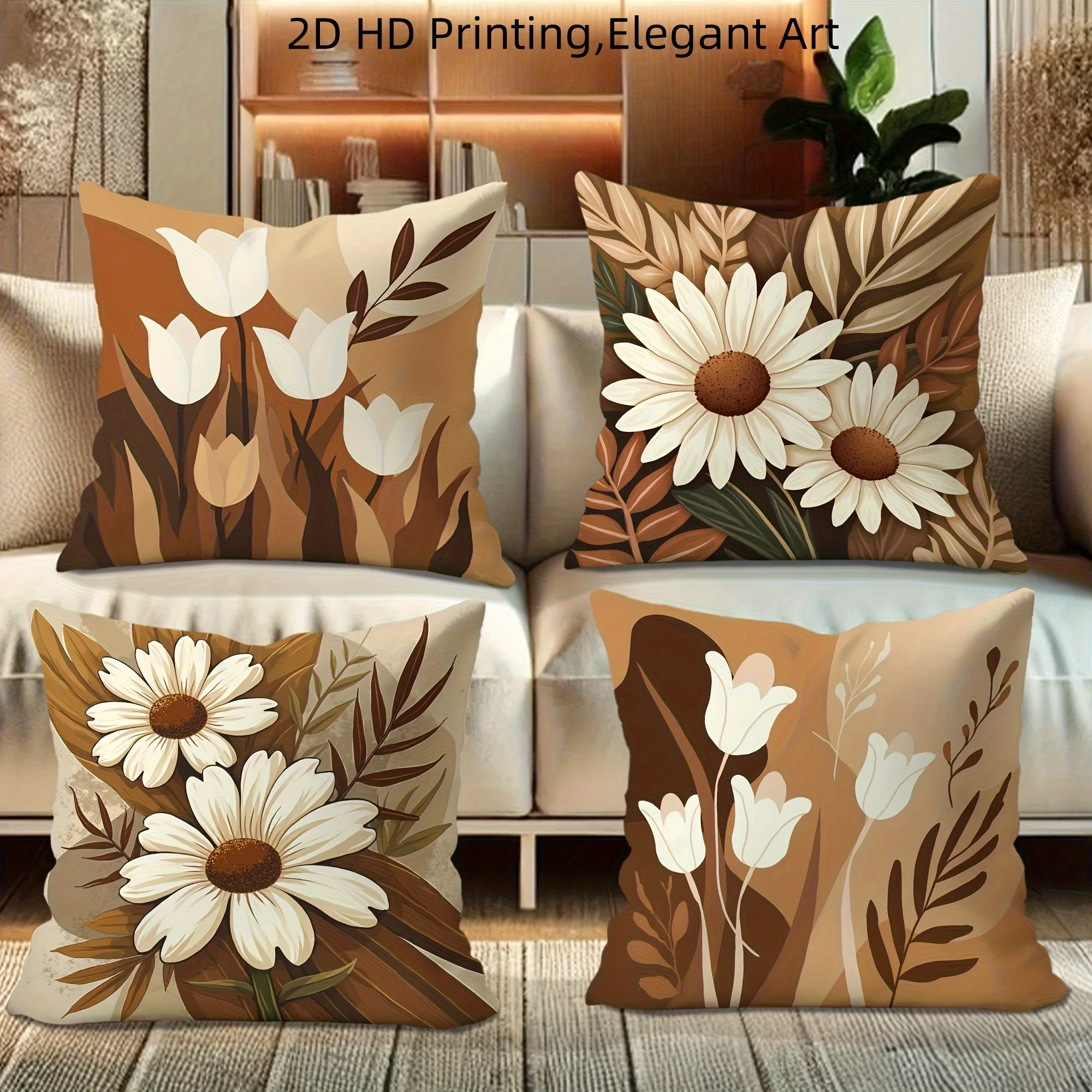 2D Flat Boho Daisy Tulip Pillow Covers, 4pcs Set, Double Sided Print, Earth Tone Floral Decor Cases for Sofa Home Decor