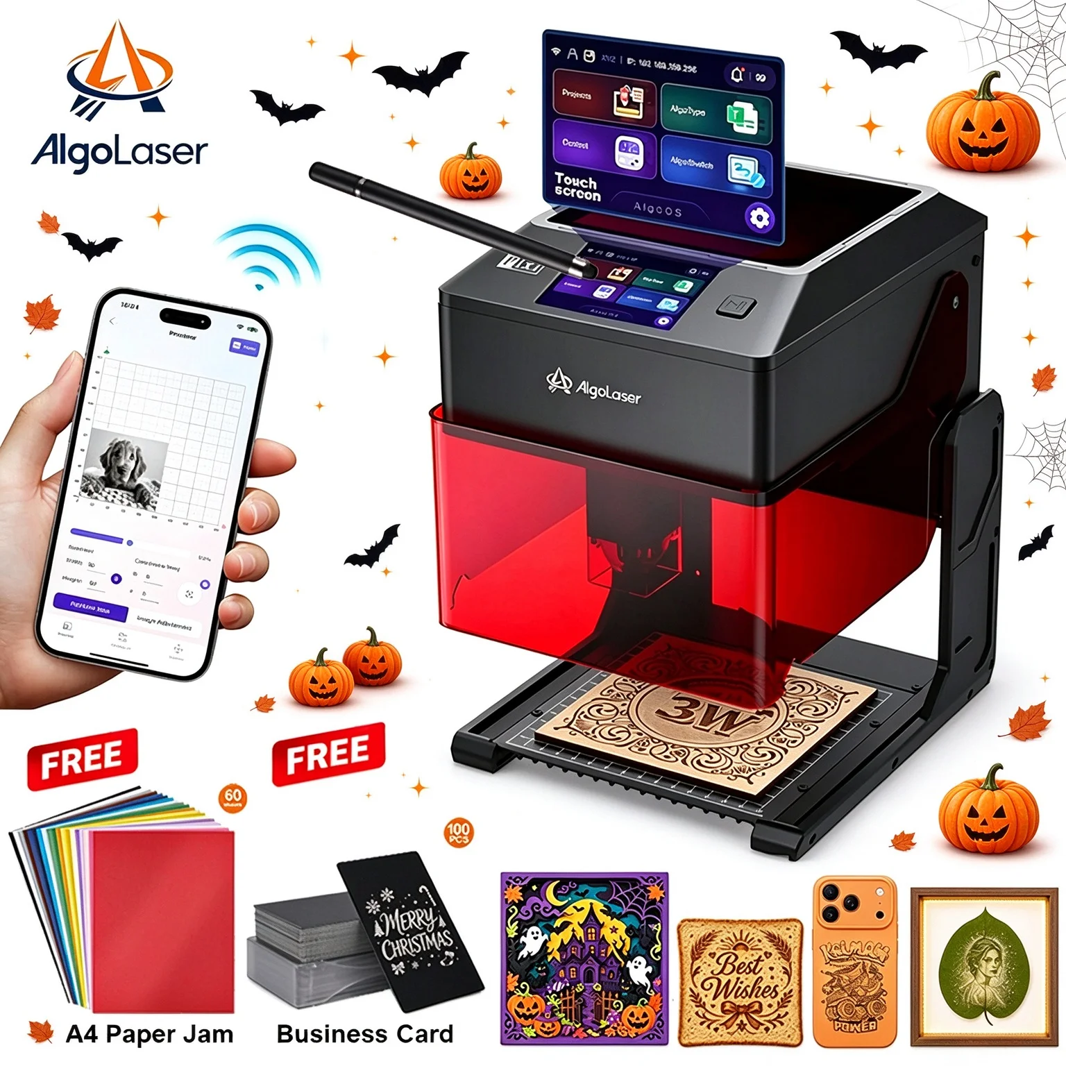 Incisore e tagliatrice laser AlgoLaser PIXI 3W, macchina per incisione laser chiusa, schermo touch da 3,5", controllo offline tramite WiFi e APP, per legno, vetro, acrilico, fai da te, artigianato,