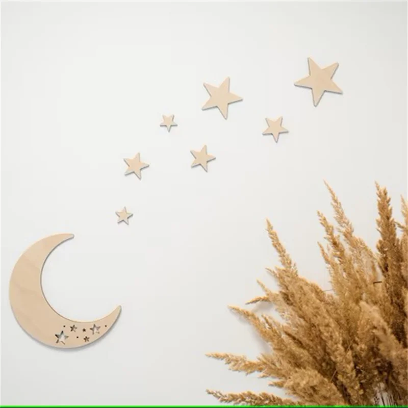 Ins Nordic Style Wooden Self-Adhesive Moon and Star Wall Decoration, Themed Wood Wall Art, Wall Stickers, Wooden Letters, Phrases with Adhesive Dots, Reusable and Easy to Stick, Suitable for Living Room, Bedroom, Playroom Decorative Walls