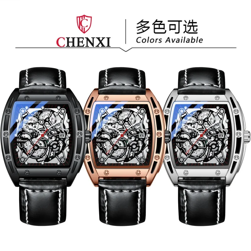 CHENghts-Montre à Quartz pour Homme d'Affaires, Cadran Tonneau Calendrier, Étanche, Bracelet en Cuir, Décontracté, 8265