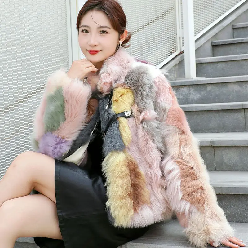 Winter Women Mixed Color Faux Mink Fur Coat Loose Standing Collar Imitation Fox Fur Bomber Jacket Furry Parkas Cardigan Tops