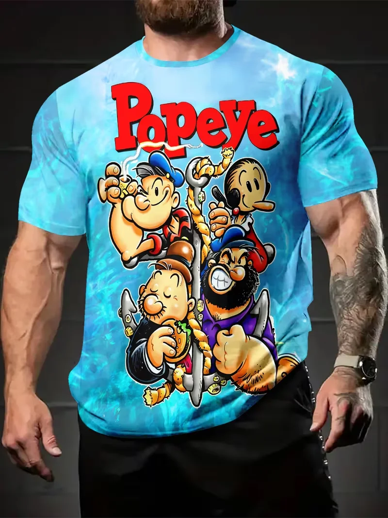 Mens T-shirt sailor cartoon character graffiti tattoo film strip graphic print short sleeve crew neck street casual top