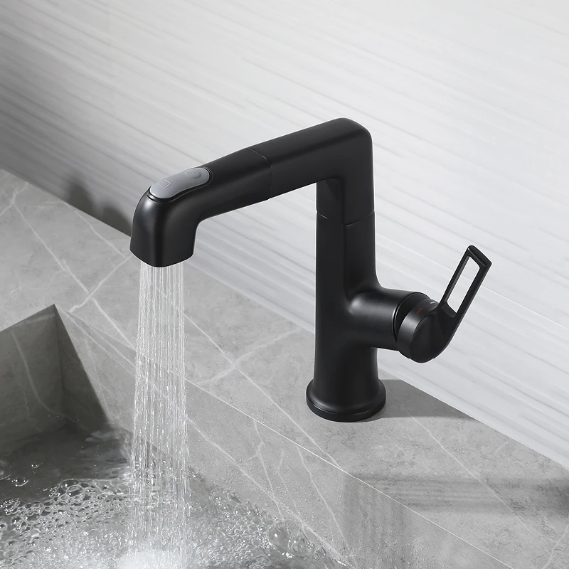 

Single Hole Bathroom Sink Faucet Deck Mounted 2 Modes Pull Down Sink Faucet One Handle Hot and Cold Mixer Taps Matte Black