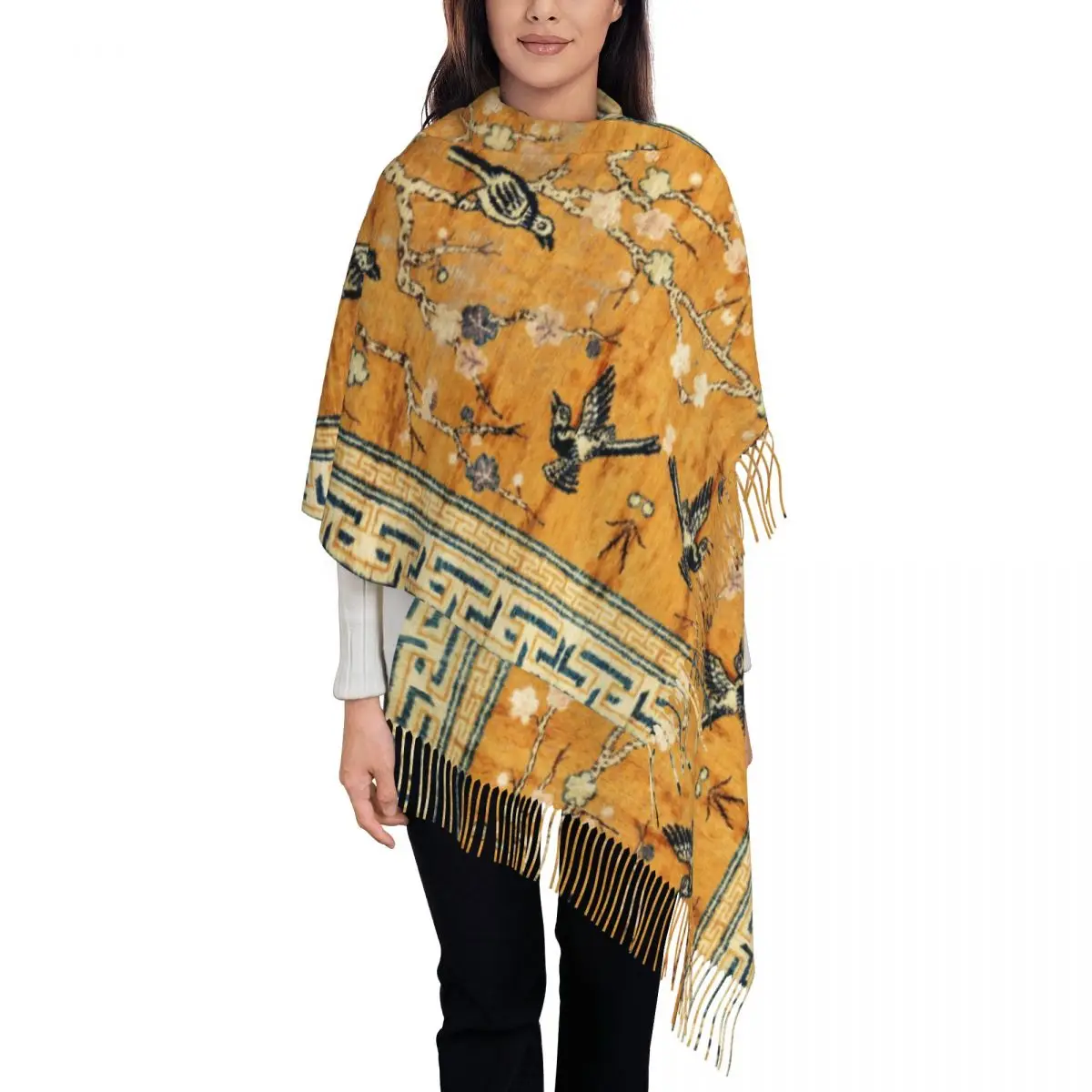 Ladies Long Antique Chinese Pictorial Birds Tree Rug Scarves Women Winter Fall Thick Warm Tassel Shawl Wrap Bohemian Scarf