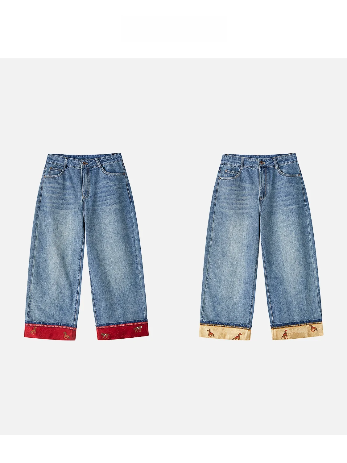 

Джинсы с высокой талией, вышивкой и широкими штанинами Jingjing2026, новая модель «Cuffed Denim» в китайском национальном стиле, прямые...