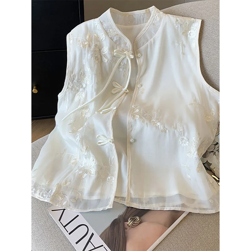 Women's Fashionable Embroidered Sleeveless Stand Collar Vest Button Detail All Match Subtract Age Summer New Arrival