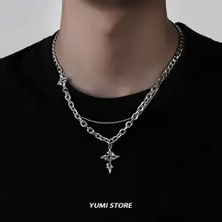Punk Black Flame Cross Necklace For Men Women Trend Titanium Steel Chain Sweater Pendant Hip Hop Jewelry Cool Kpop Accessories