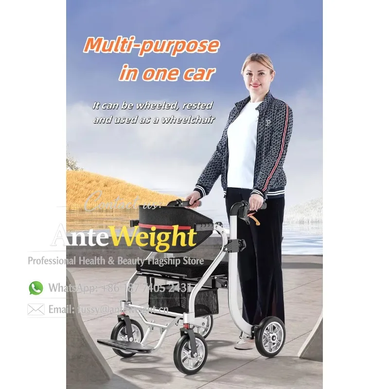 Ultra-Light Rollator Walker with Seat, 4-Wheeled Travel Trolley for Elderly & Disabled | Multi-Functional Mobility Aid