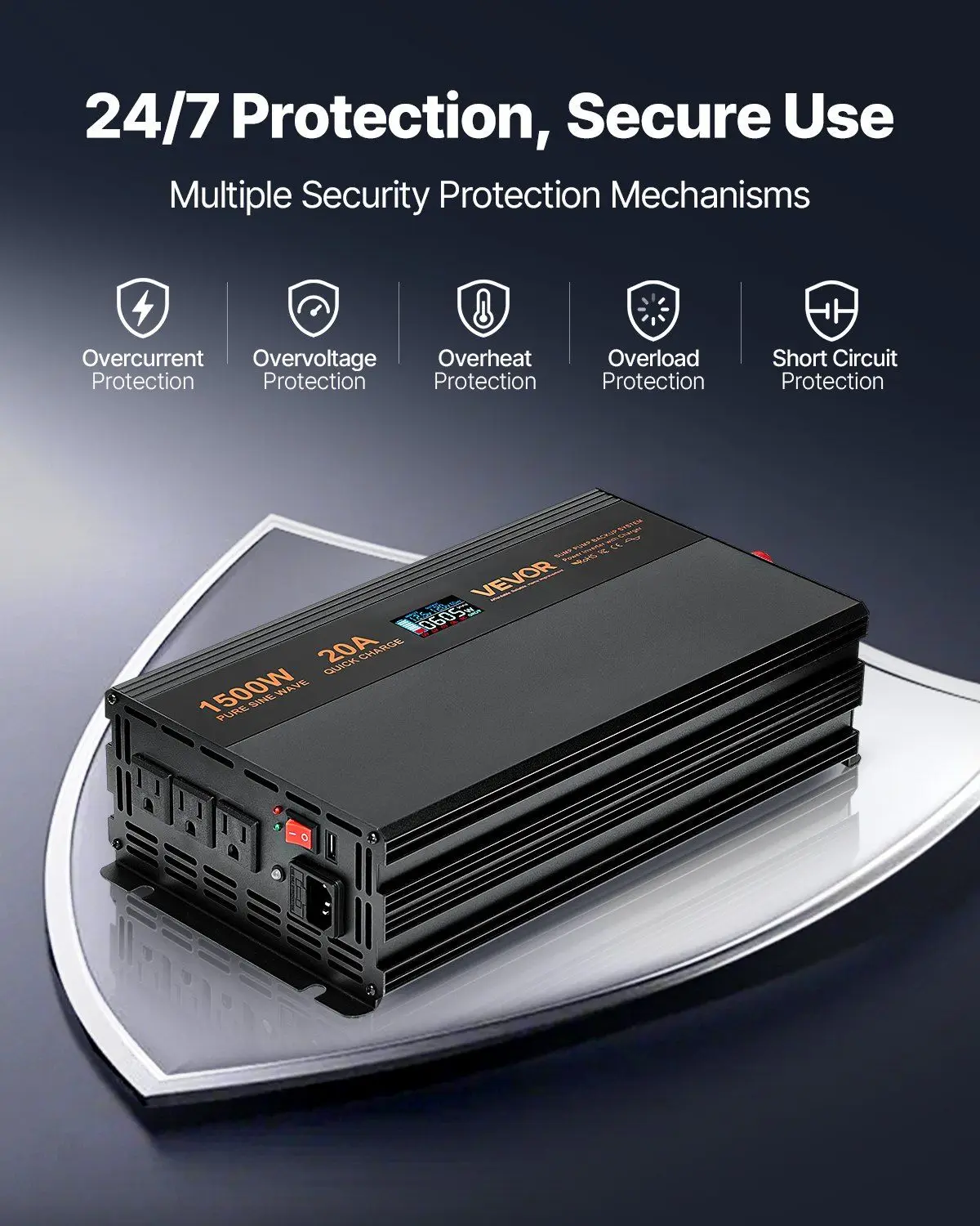 Sistema de backup de bateria de onda senoidal pura 1500W para bomba de depósito 3000W interruptor automático de surtos monitor LCD saída dupla 20A carregamento