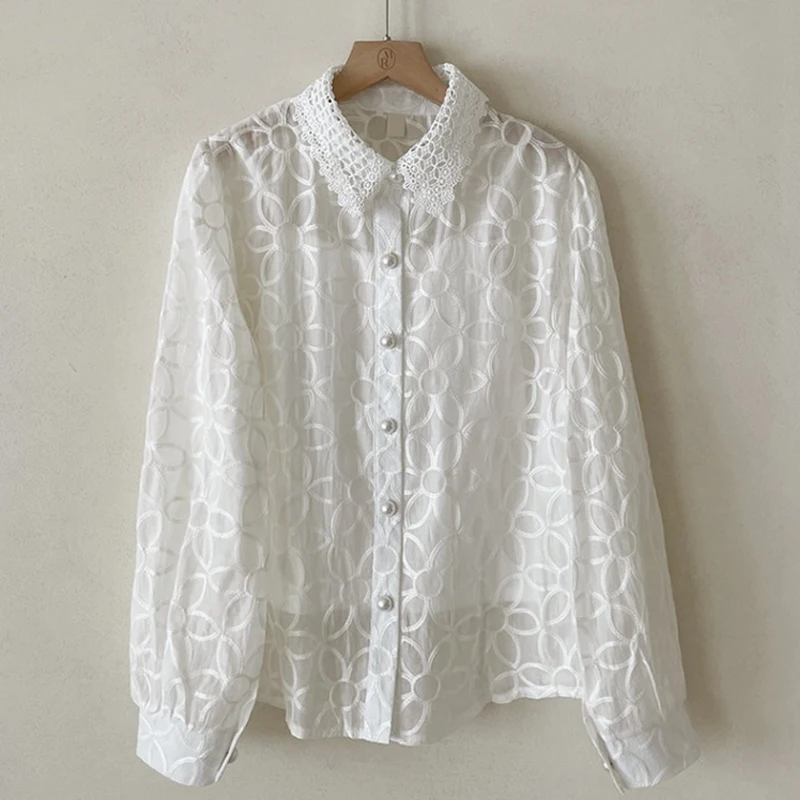 New Sweet embroidery Tops Retro Two-piece set Patchwork Flower Lace Shirt Fashion Single breasted Long sleeve Women Blouse