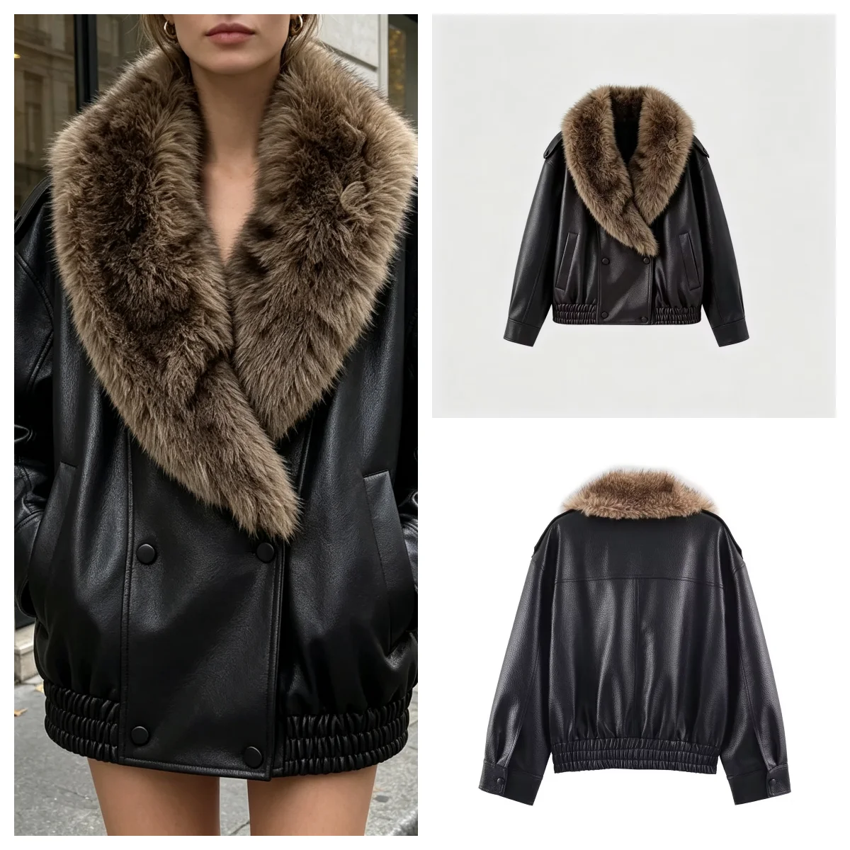 Guobioziy Women's Faux Leather Jacket with Detachable Collar, 2026 Winter Loose Fit Biker Coat