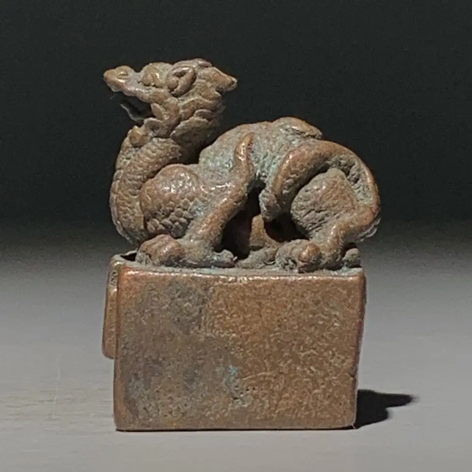 Vintage Pure Copper Qinglong Seal Four Sacred Beasts Antique Bronze Statue Old Collection