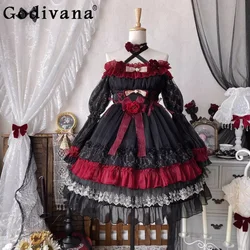 Original Red Vintage Gothic Lolita Long Sleeve Dress Women's Slim Fit Bow Lace Rose Mesh Short Princess Dress Spring Summer 2025