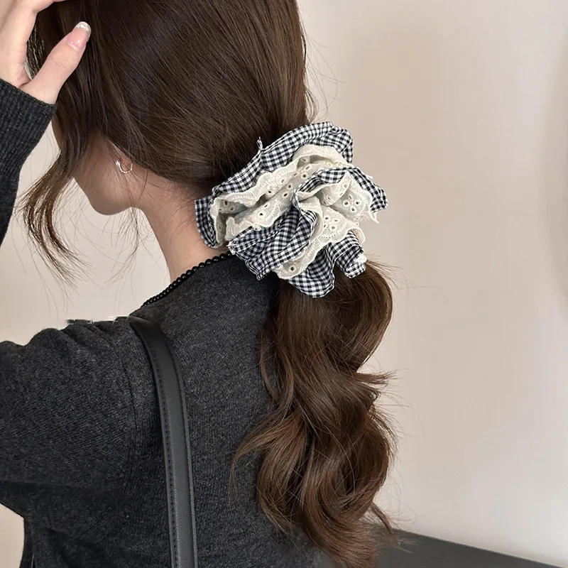 女性のヘアネクタイ二層レース市松大腸ヘアバンドかわいい女の子のためのフレンチレトロバレエスタイルエレガントなヘアネクタイ