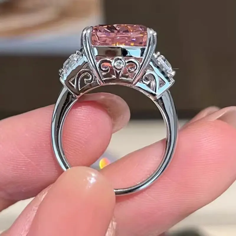 KQDANCE 925 Sterling Silver Cushion Cut Orange Pink High Carbon Diamond Ring Weeding Party Fine Jewelry