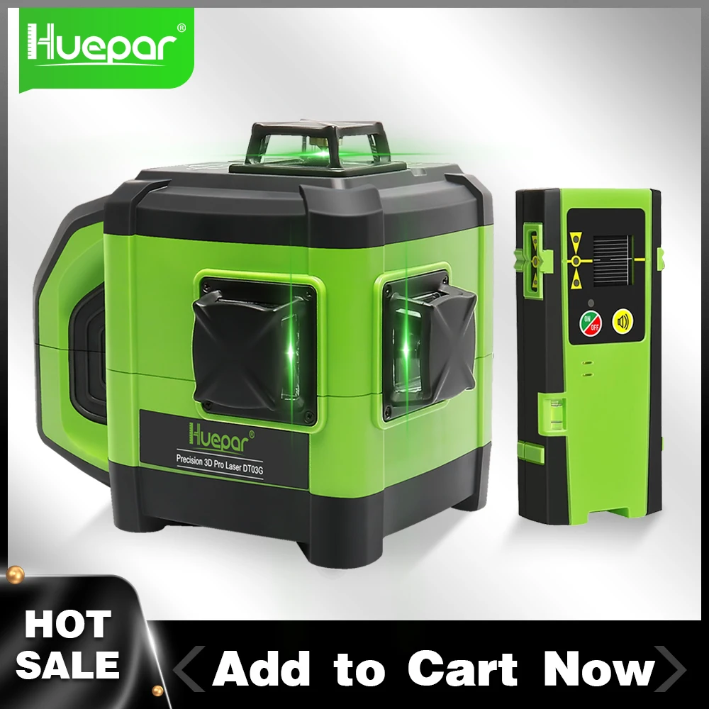 Huepar 3x360 Electronic 12 Lines Laser Level Cross Line 130Ft Three-Plane Leveling Green Beam Laser Self Leveling DT03CG