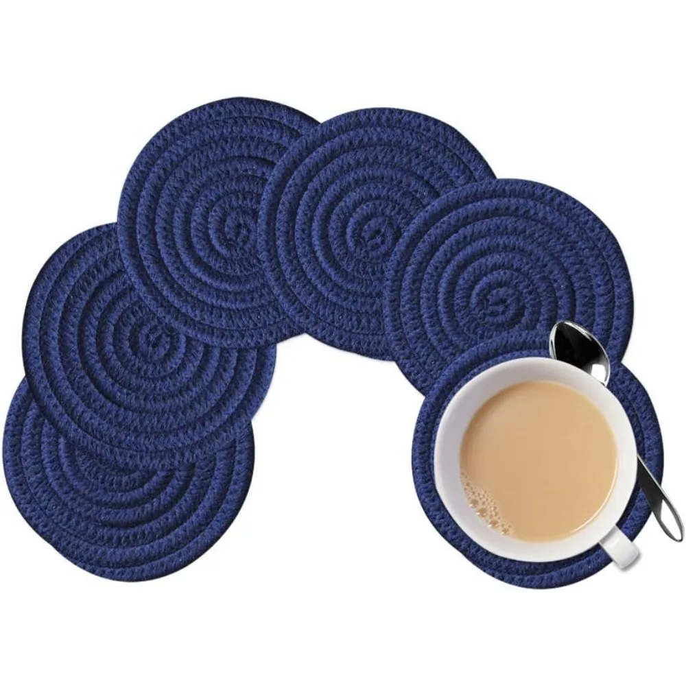 

6pcs Cup Mat Pure Cotton Thread Weave Round Drink Hot Pads Mats Set Absorbent Scald-proof Drink Coasters (Royal Blue)
