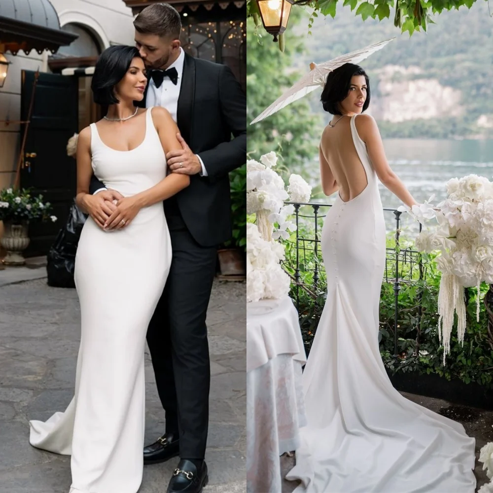 

Customized High Quality White Satin Wedding Dress Temperament Scoop Spaghetti Straps Sleeveless Bridal Gowns Chapel Train Dress