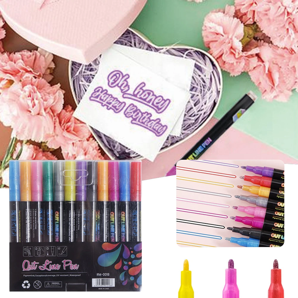 Double Line Outline Pens, Self-Outline Metallic Markers Glitter Writing Drawing Pens For Christmas Card Writing, DIY Art Crafts,