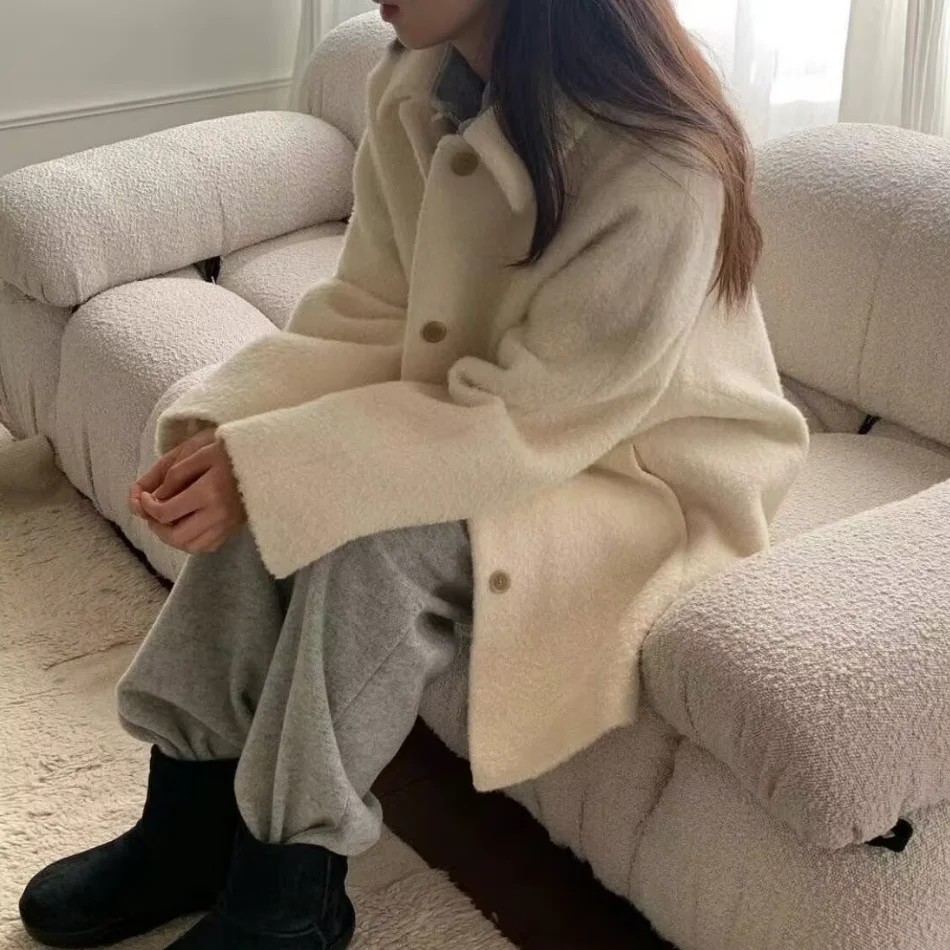 Pure Color Woolen Coat Jaet Single Button Turn-down Collar Medium-length Commute Sle Women's Faion Autumn Winter Coat