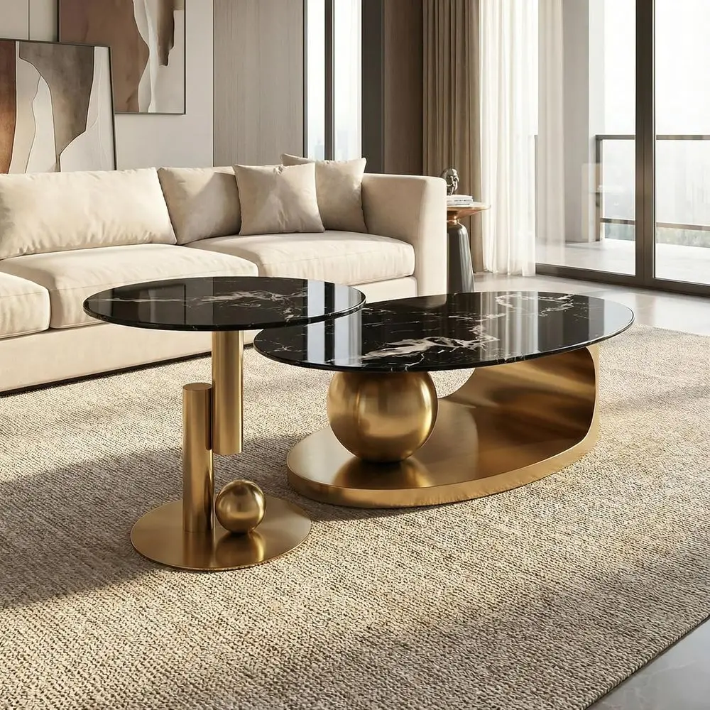 

2-Piece Nesting Coffee Table Set, 47 Black Marble Glass Top, Brushed Gold Stainless Steel Base, Modern Square Accent Table