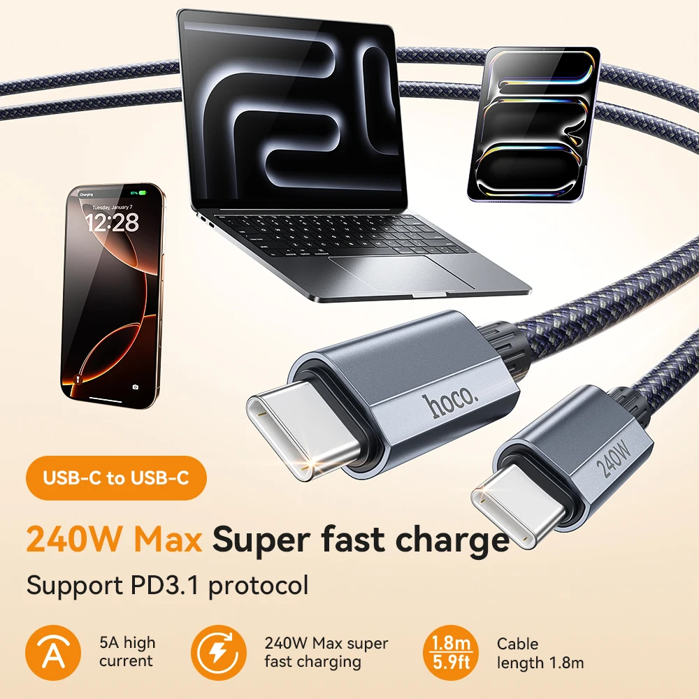 HOCO 240W USB C to C Cable PD3.1 Fast Charging For Macbook Pro Laptop 48V5A PD Wired Cord For Sasmusng S23 S24 Type C Data Cable