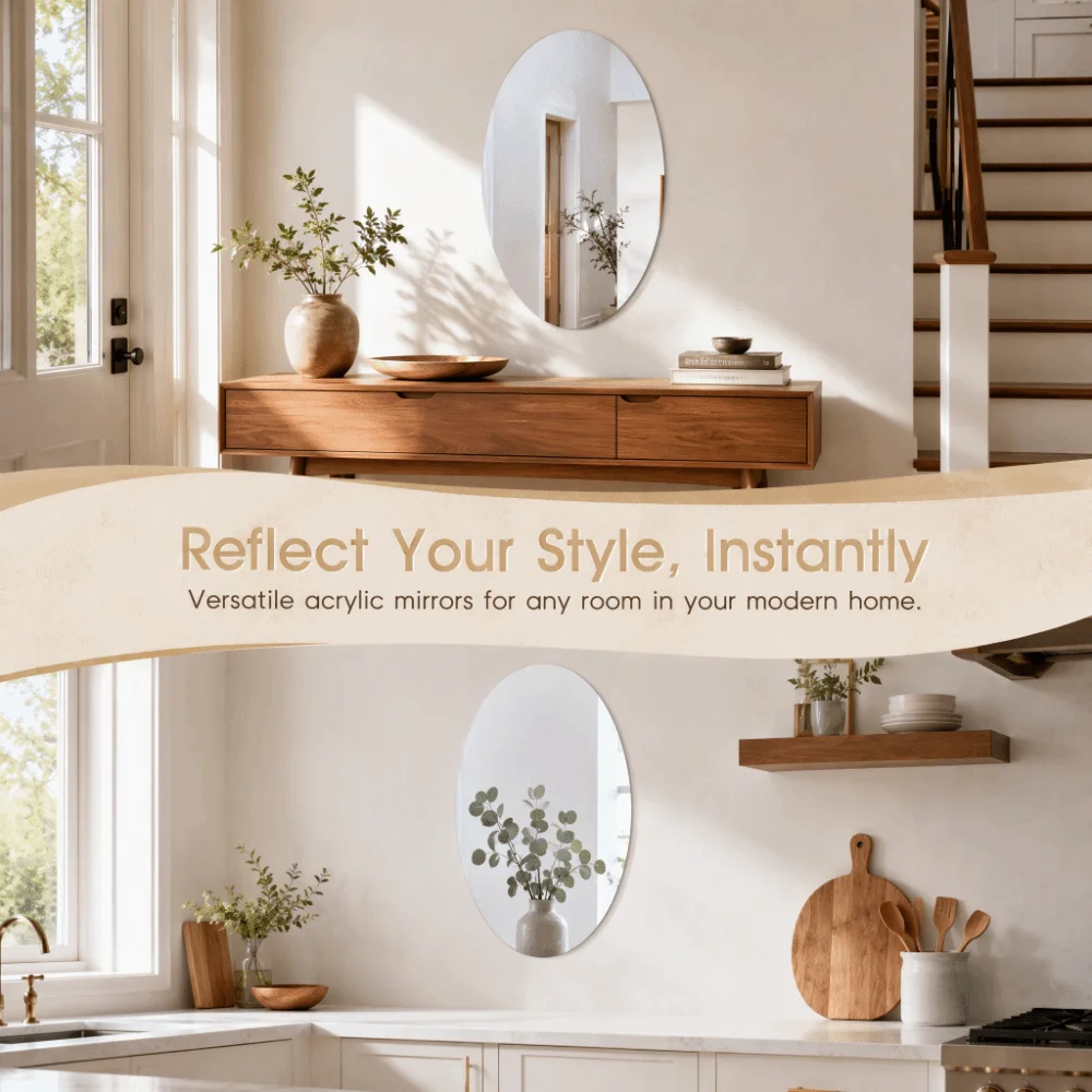 6.69×10.63in Acrylic Wall Mirror slivery Self-Adhesive Oval Vanity Mirror Lightweight Wall-Mounted Self-Adhesive Mirror Stickers