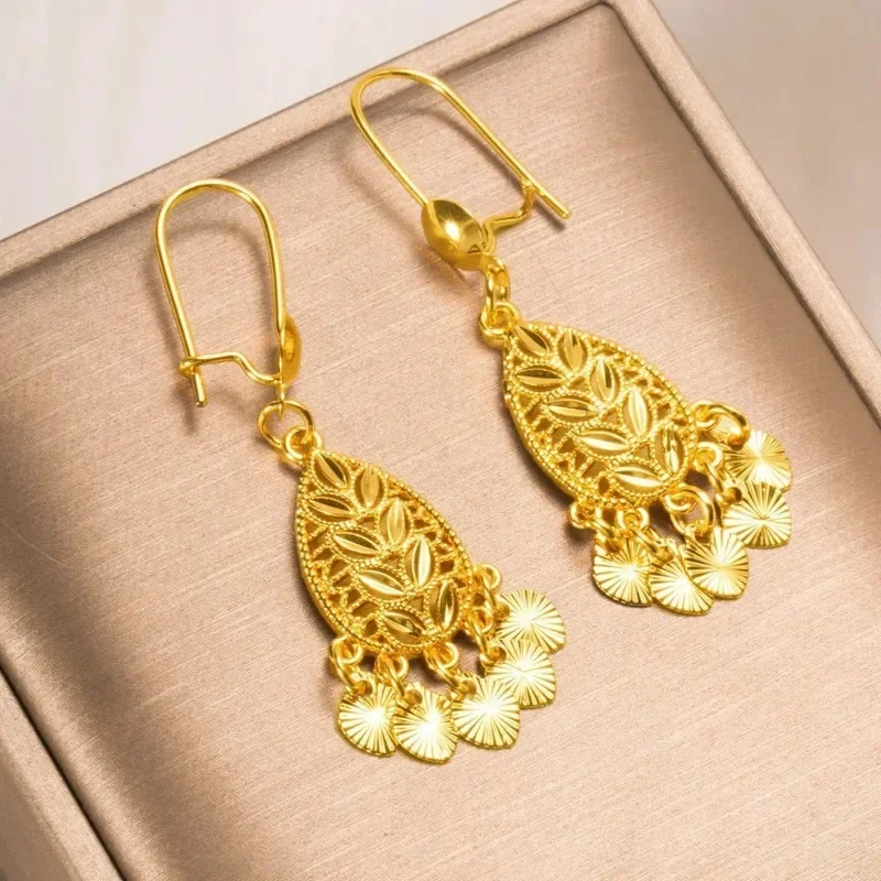 24K Pure Gold AU999 Leaf Tassel Earrings, Swaying Gracefully To Showcase Feminine Charm And Exude Elegance