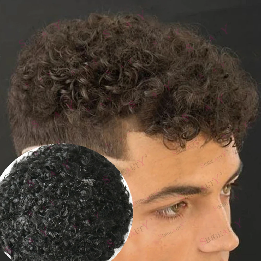 Peluca de cabello humano para hombre, tupé con Base de encaje y NPU fino, transpirable y rizado, 100%, con línea de pelo Natural, color negro y Rubio, 18mm