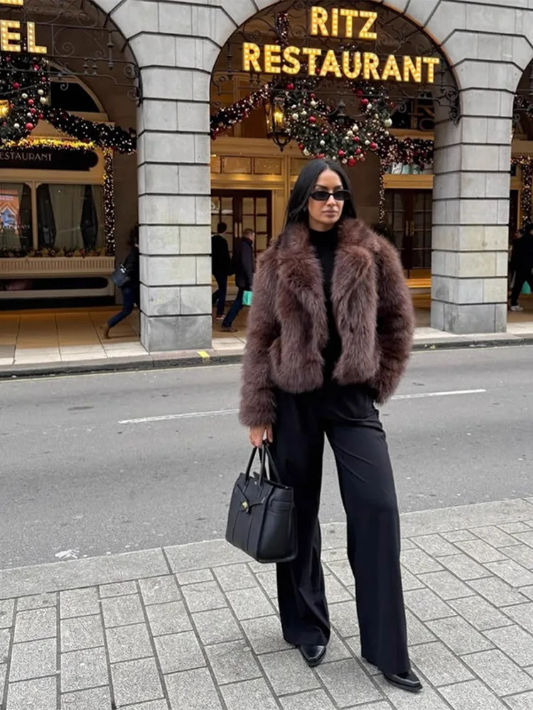 

Vintage Women's Long Sleeve Fur Coat Solid Turn-down Collar Warm Hidden Button Jacket 2025 Autumn Winter New Ladies Outerwear