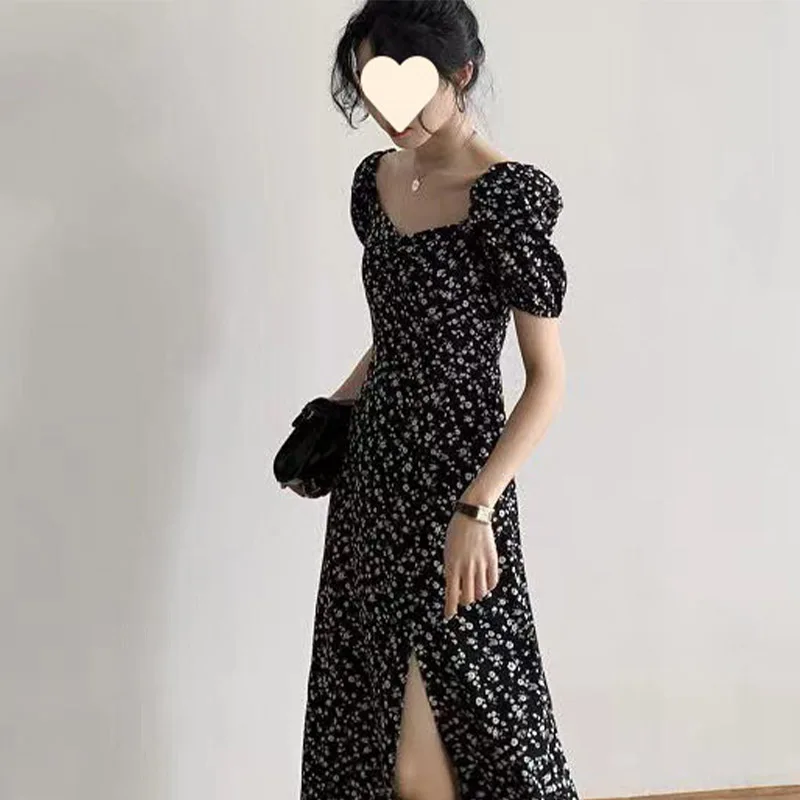 

2024New Summer Dress Style French Dress Fragmented Flower Black Dress Split High Waist Dress