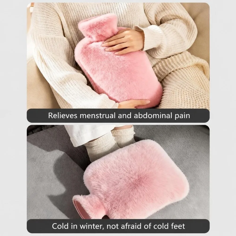PVC Hot Water Bottle 1000/2000ML Explosion-Proof Hot Water Bag With Removable Faux Rabbit Fur Cover Hand Warmer Winter Heating
