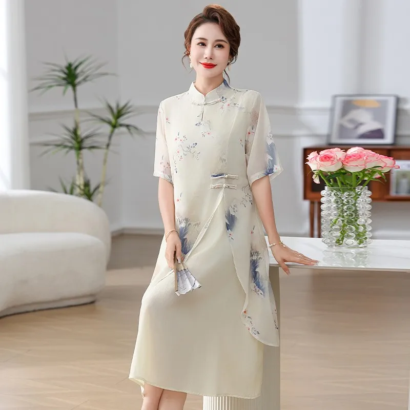 

Summer Dresses For Women Patchwork Print Short Sleeve Woman Clothing Chinese Style Loose A-Line Skirt Women'S Dresses