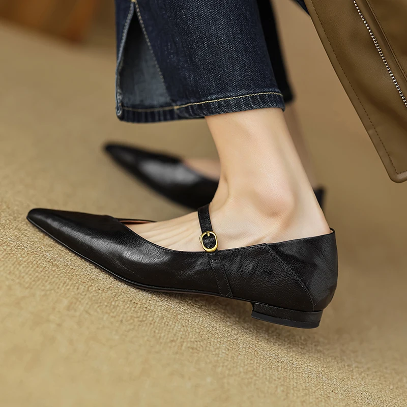 Pointed Toe Simple Shoes Women Flats  French Style  One Strap Sheepskin Women Shoes New Spring Atumn Slip On Simple Shoes