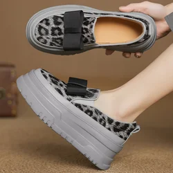 Women's leopard horsehair slip-on thick sole platform flats loafers round toe sweet bowtie high quality soft comfort moccasins
