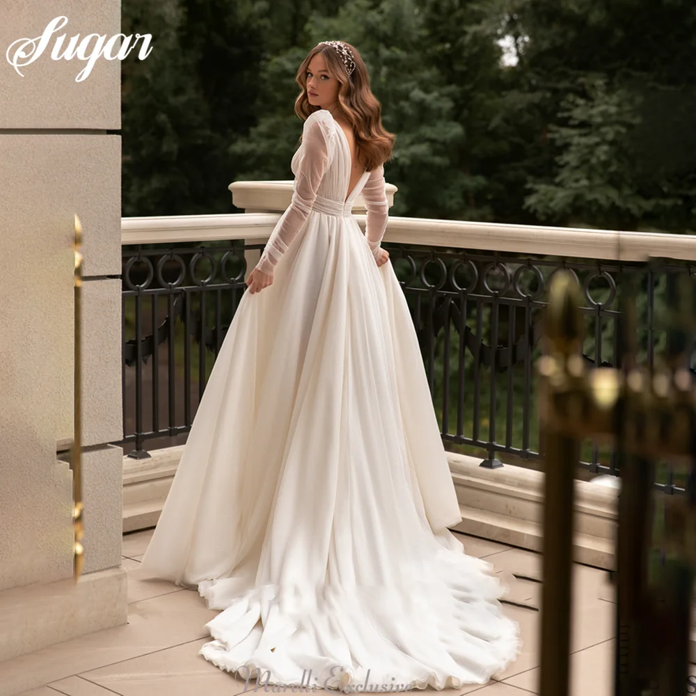 Fee Elfenbein eine Linie Brautkleid Langarm V-Ausschnitt Brautkleid Puff Tüll Seite Split Boho Brautkleider Robe de Mariée