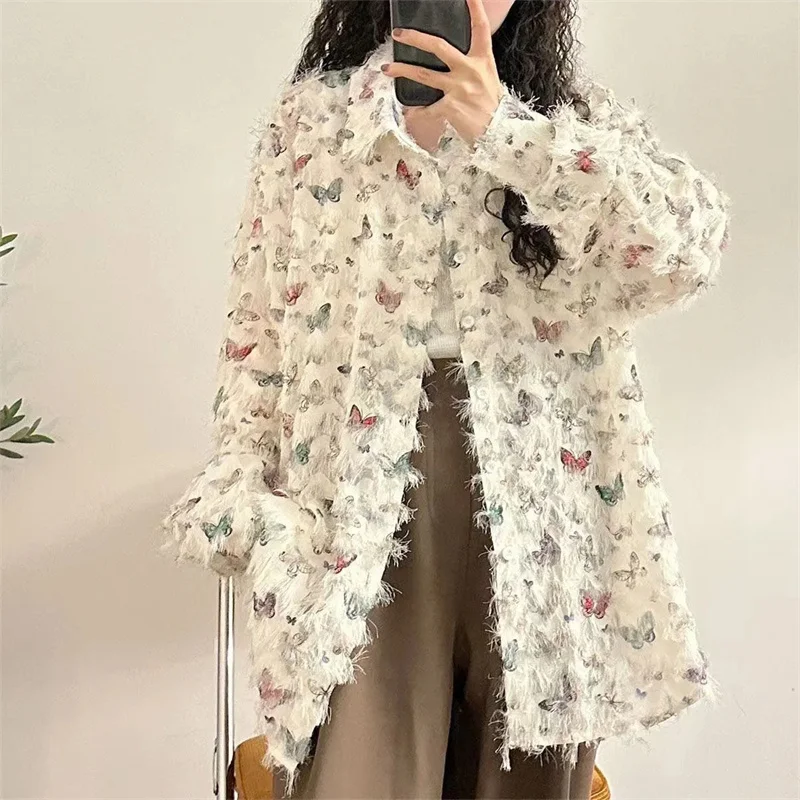 

Рубашки и блузки Весенне-летняя тонкая рубашка с длинными рукавами Женский дизайн Sense Ниша Художественный смысл Рубашка с воротником-поло с цветочным принтом