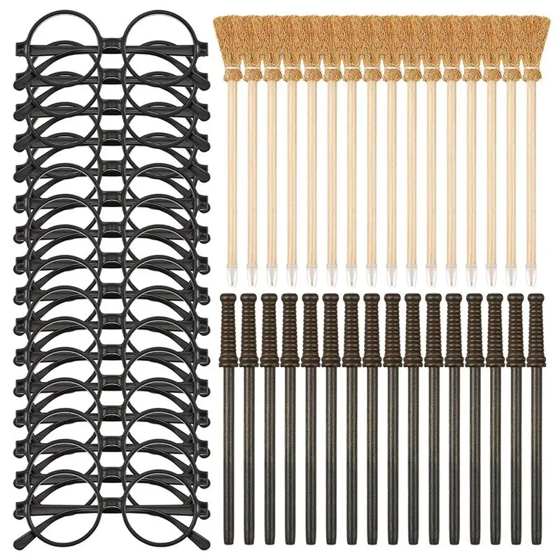 

ABMO 48 шт. карандаш и палочки для метлы ведьмы, карандаши и очки в круглой оправе без линз, товары для тематических вечеринок с волшебными палочками