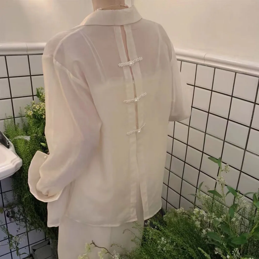 Chinese Style Sun Proof Shirts For Women 2024 Summer Loose Long Sleeve Solid Color Blouses Korean Fashion Sunscreen Tops Blouse