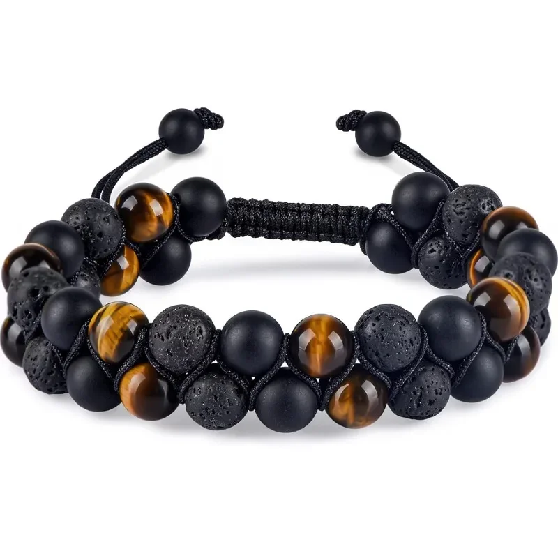 Echte Premium Tijgeroog Zwarte Onyx en Lavasteen 8mm Handgemaakte Kralenarmband Healing Crystal Protection Armbanden voor Dames Heren