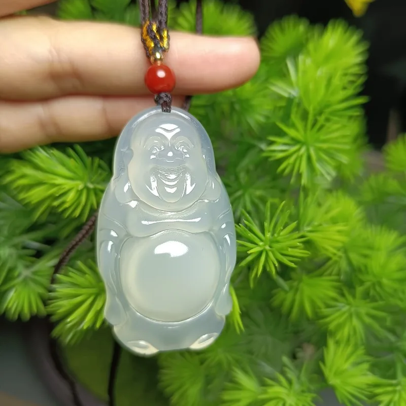 , White Agate Jade Necklace, Unisex Buddha Pendant