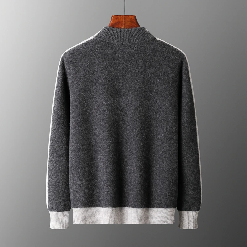 DjzDsm Men's Autumn Winter 100% Merino Wool Knitted Sweater Warm Jacquard Zipper Cardigan Coat Thick Mock Neck Casual New Tops