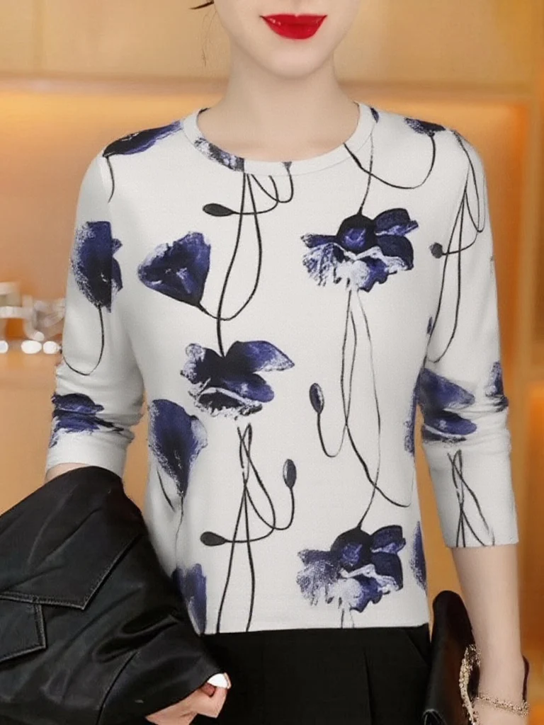 

Spring New plus Size Slimming Long Sleeve Printed T-Shirt Women's Fashionable Mommy Clothes Anti-Aging Belly Covering Top