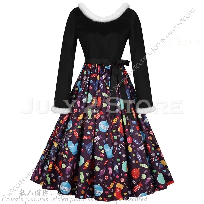 2024 New Christmas Theme Printed Red Dress New Year Performance Stage Activity Dress Masquerade Festivals Woman Christmas Dress