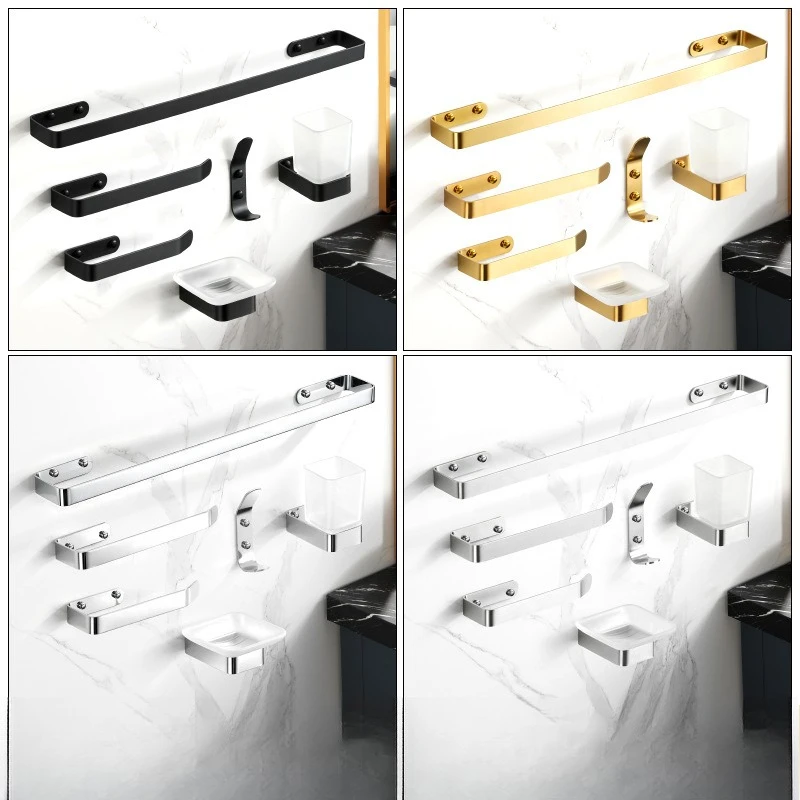 Wall‑Mounted Bathroom Hardware 6‑Piece Set Stainless Steel Towel Rack, Perforated Installation Bathroom Accessory Kit for Toilet
