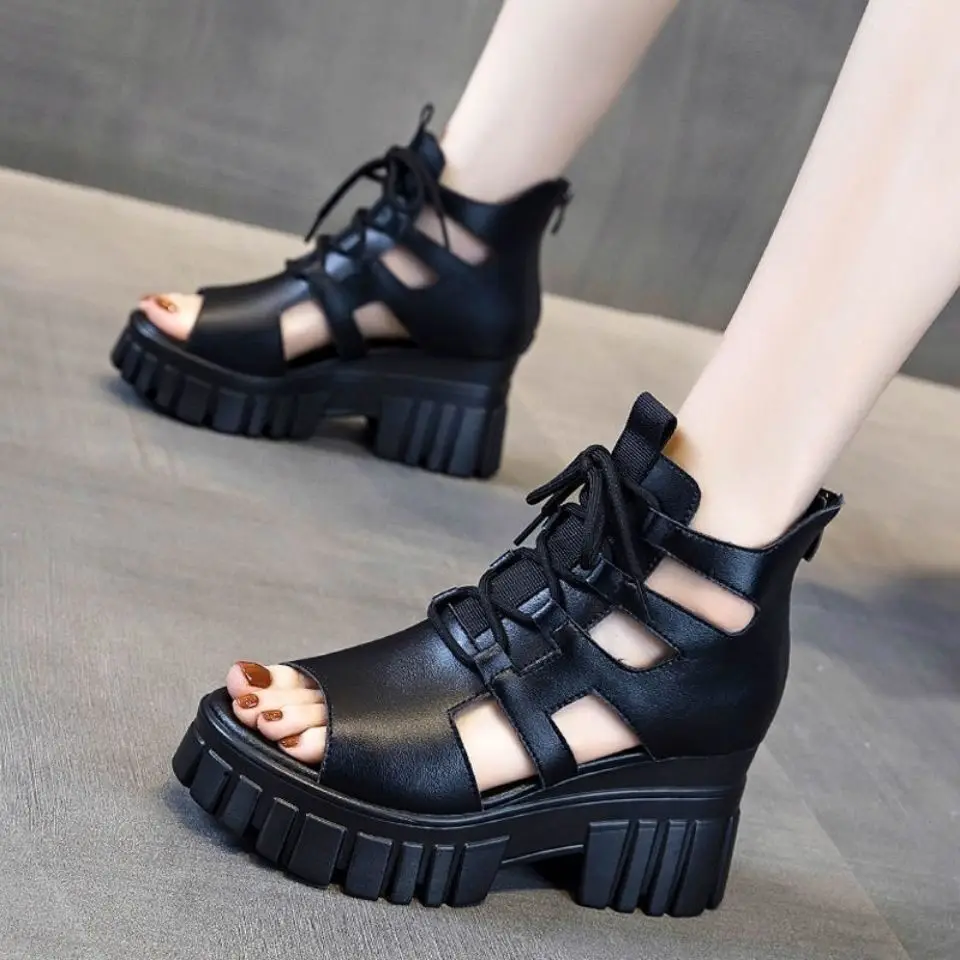 

New High Heels Women Sandals Korean Female Zipper Hollow Roman Platform Sandals Increased Wedges Women's Sandals