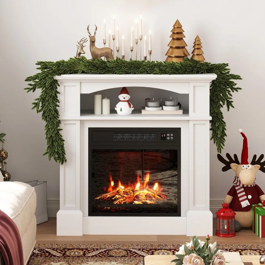 

32inch freestanding electric fireplace with wooden mantel surround and 18inch fireplace insert heater featuring 3 flame effects