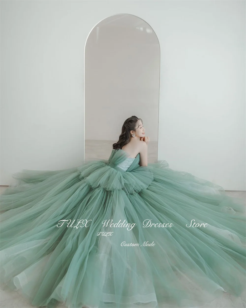 TULX semplice senza spalline senza maniche abiti da sposa gonfi corea donne foto a-line lungo Tulle a strati pieghettata abito da sposa slimays